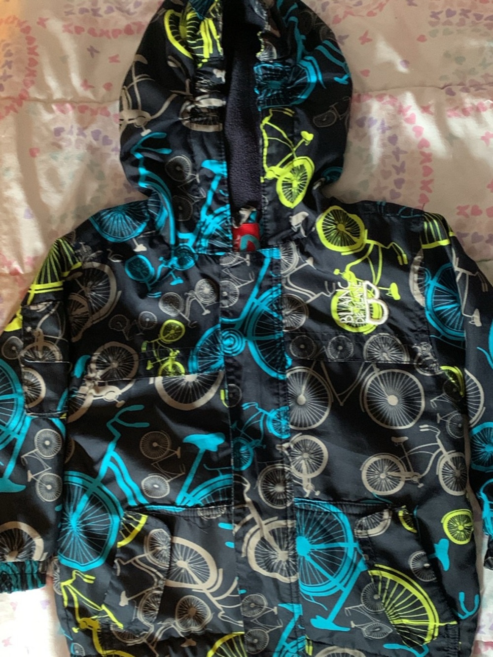 Kids Waterproof Bicycle Print Hooded Jacket - Black/Blue/Neon Green